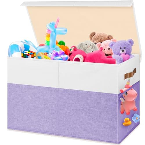 Mabahoo Large Toy Box, Collapsible Sturdy Storage Chest With Lids, Kids Toy Chest Storage Organizer Toddler Bin Boxes for Living Room, Bedroom, Nursery, 25"x13"x16", Purple & White