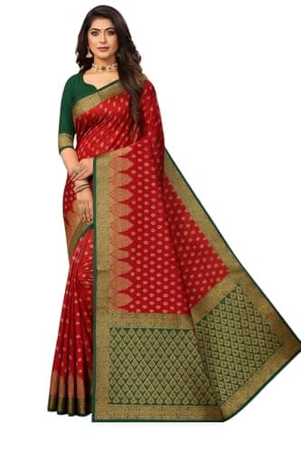Shyam Leela Women’s Banarasi Silk Saree with Golden Zari Border Elegant Festive & Wedding Wear with Unstitched Blouse Piece (Red & Green)