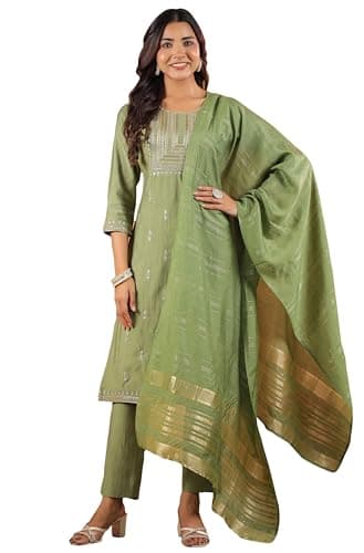Janasya Indian Women's Silk Blend Sage Embroidered Festive Wear Kurta Set for Women