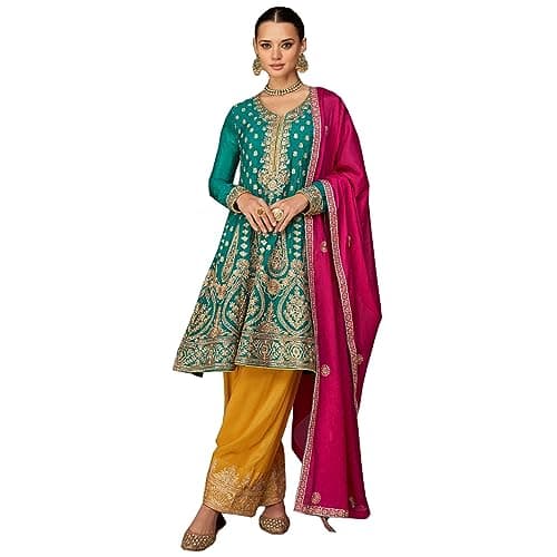 The kurti bazaar Indian Beautiful Outfits Pakistani Designer Ready to Wear Salwar Kameez Plazo Suits (US, Numeric, 56, Regular, Regular, Sky 1)