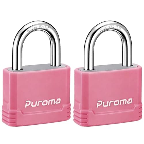 Puroma Lock Heavy Duty Keyed Padlock with 3 Keys Alike, 1-2/3 Inch Outdoor Anti-Cut Shackle Locker Lock for Gates, Fences, Sheds, Gym Lockers, Hasp Cabinets, Toolboxes (Pink, 2 Pack)