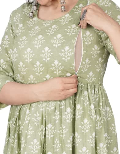 Jikonet Women's Maternity Green Dress Kurti for Pregnancy with Breastfeeding Long Sleeve Floral Maxi Dresses for Casual, Outdoor, Photography, Indian Style