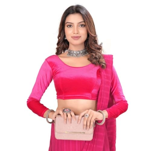 Stylesindia Stretchable Velvet Blouse for Women – Full Sleeve Saree Crop Top, Soft Velvet Fabric, Party & Wedding Wear, Readymade Choli (Pink, XXL)