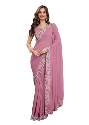 TRENDMALLS Women's Georgette Lakhanvi Embroidery with Sequence Moti work Women Saree (K1001-Pink)