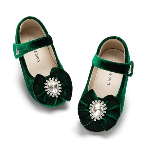 THEE BRON Mary Jane Ballet Flats - Girls' Dress Shoes with Hook & Loop Closure(AF542 Toddler,Velvet Green/10M)