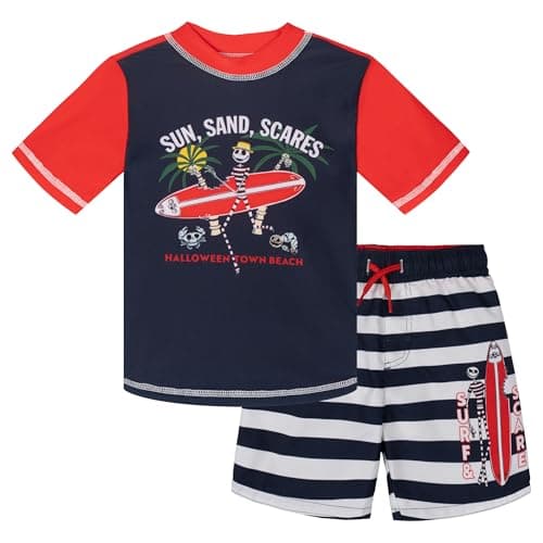 Disney Nightmare Before Christmas Jack Skellington Toddler Boys Rash Guard & Swim Trunks UPF 50+ Outfit Set Red/Black 5T
