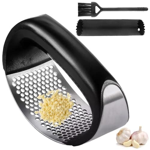 Garlic Press - Stainless Steel Rust Proof & Dishwasher Safe Garlic Mincer, Durable Garlic Crusher with Peeler, Brush, Easy to Clean & Squeeze, Kitchen Essential Gadgets Tool for Garlic, Ginger, Spices