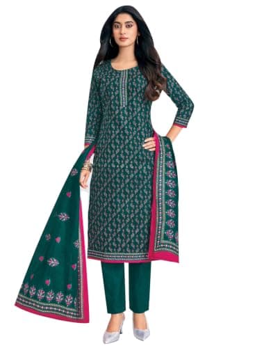 ladyline Womens 100% Cotton Jaipuri Printed Salwar Kameez Suit – Ethnic Kurta, Pants & Mal Dupatta Set | Indian Punjabi Dress (CPSK DTCG) (44/ Teal)