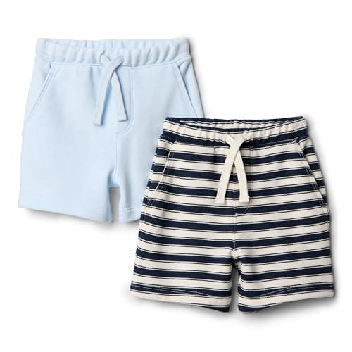 Amazon Essentials Baby Boys' Baby Boys' and Toddlers 2-Pack Pull On Knit Shorts, Light Blue/Stripe, 6-9 Months