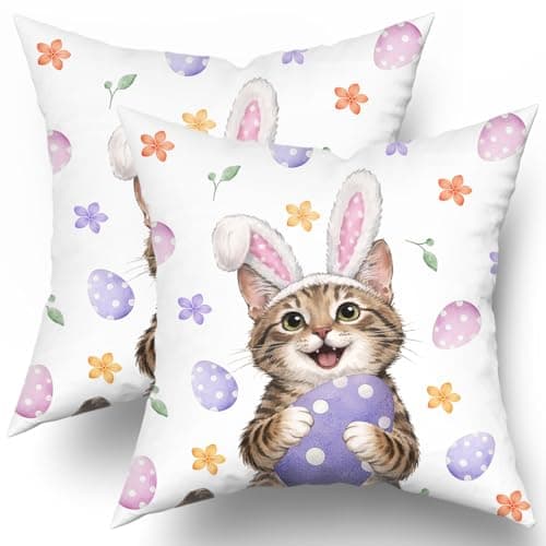 Easter Cat Pillow Covers 18x18 Inches Set of 2 Cute Bunny Ear Cat Pillowcase Kitten Eggs Floral Cotton Cushion Covers Spring Holiday Pillow Cases for Home Sofa Couch