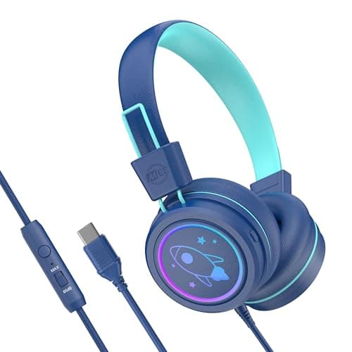 MEE audio KidJamz KJ55 Safe Listening USB-C Headphones for Children with Multicolor LED Lights, Volume Limiter, & Microphone; On-Ear Wired Kids Headset for iPhone 16, iPad, & USB Type C Devices (Blue)