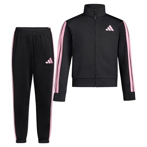 adidas Little Girl's Zip Front Classic Tricot Jacket and Joggers Set, Black/Pink, 6