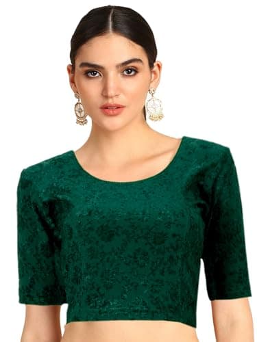 Chandrakala Stretchable Blouses for Women Sarees,Readymade,Bottle Green Floral, Small-Medium (B230BOT3)