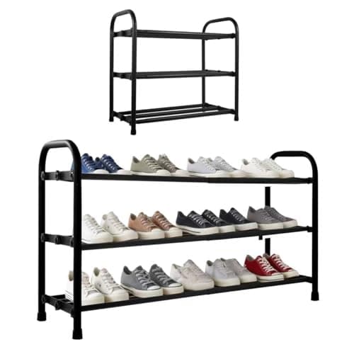 HESPULA 3-Tier Shoe Rack，Stainless Steel Shoe Organizer Storage Shelf，No Tools Required Hand-Tightened Screws，Space Saving for Entryway，Closet，Garage (Black)