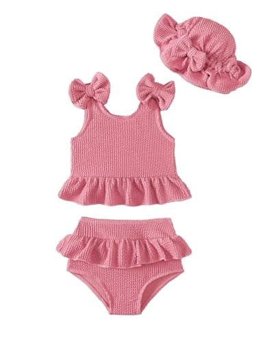 Baby Swimsuit Girl 12-18 Months Toddler Bathing Suit Solid Red Tankini Baby Girls' Swimwear Summer Beach Bikini Hat Outfits Set