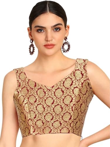 Chandrakal Womens Banarasi Brocade Sleeveless Readymade Saree Blouse,Maroon Gold, X-Large (B229MAR5)