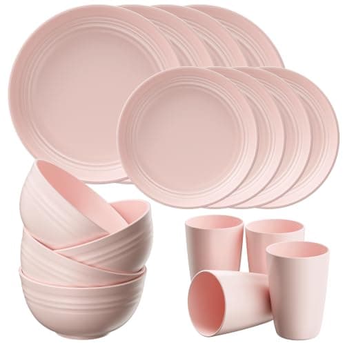 Quatish 24 Piece Plates and Bowls Sets for 6, Unbreakable Dinnerware Sets, Plastic Dish Set for Camping, Dishwasher Microwave Safe, Outdoor Kitchen and Apartment Dorm Dinning RV Essentials, Pink