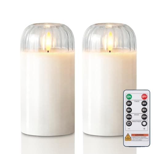Homemory Glass Flameless Candles, Battery Operated Plliar Candles Realistic Flickering, LED Electric Light with Remote and Timer for Home, Christmas Decoration, White, Set of 2