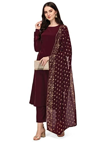 FIORRA Women's Maroon Poly Crepe Straight Kurta with Pant and Dupatta SET0058