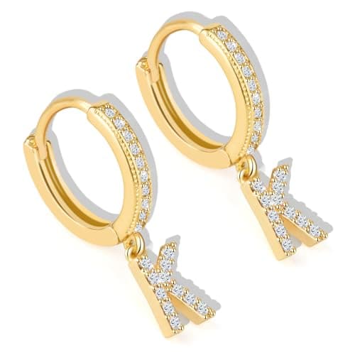 18K Gold Filled Initial Dangle Hoop Earrings for Women, 1 Pair CZ Hypoallergenic Alphabet Letter A-Z Drop Dangle Dainty Gold Earrings, Small Huggie Hoop Earrings with Cubic Zirconia Gifts Jewelry (K)