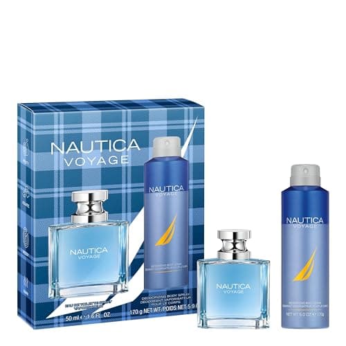 Nautica Voyage Giftset, 1.6 fl oz EDT + 5.9 oz Deodorizing Body Spray, Notes of Apple, Cedarwood, Mimosa, Men's Fragrance, Long Lasting, Everyday Fragrance