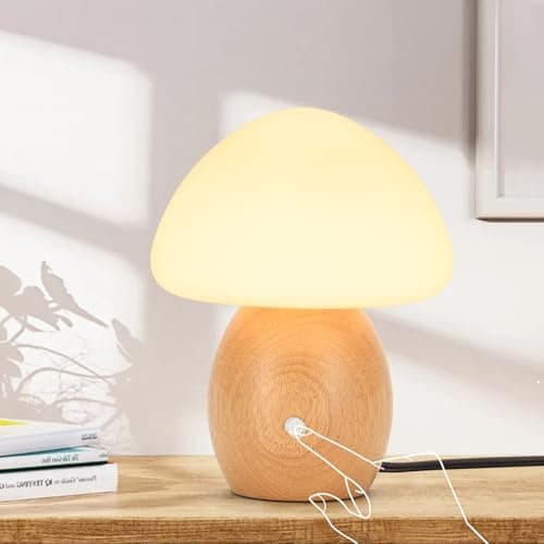 BNYFDC Mushroom Lamp with Touch Control Switch, Small Wooden Table Lamp with Glass Shade, 3 Way Dimmable Nightstand Lamp for Bedroom, G9 LED Bulb Included (Nature Wood&Opal White Glass Shade)