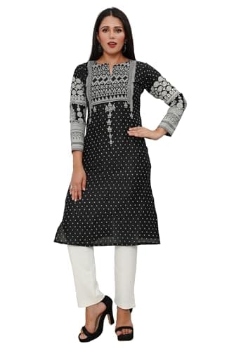 Maple Clothing Indian Kurtas for Women Long Kurti Tunic Tops (Black, XXL)