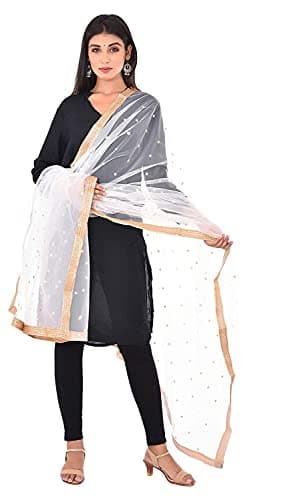 themilestocks Woman's Embellished Net Dupatta Scarf Shawl Wrap Soft Indian Bridal Wedding - White