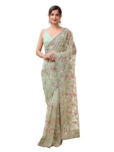 TRENDMALLS Women's Net Embroidery Mirror work Saree with Unstitched Blouse Piece (K1051-PistaGreen-)
