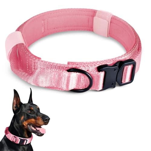 Upgrade Tactical Dog Collar with Handle, Adjustable Military Nylon Collar, Comfortable & Durable, Heavy Duty Dog Collars with Quick Release Metal Buckle for Medium and Large Dogs, Pink L