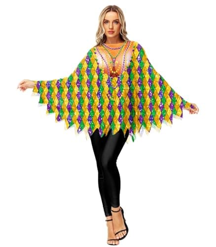 AOBUTE Mardi Gras Poncho Cape For Womens New Orleans Beads Costume Cloak Masquerade Diamond Pattern Costume