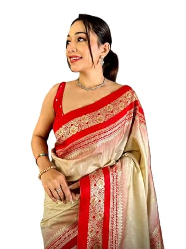 Women's Gold Zari Woven Cream_soft Silk Saree With Unstitched Blouse Piece Partywear/Wedding Indian Gift Item Pack Of 1 (multicolor)