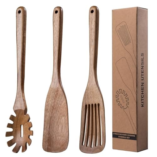 Wooden Kitchen Spatula for Cooking - 3 Pcs Set, Natural Acacia Wood Pasta Spoon with Teeth Spaghetti Fork for Serving Pasta, Non-Stick Cooking Spurtle Utensils for Kitchen Use