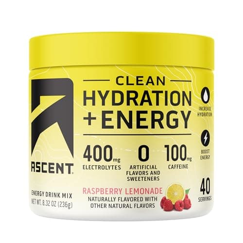 Ascent Clean Hydration + Energy Electrolytes Powder - 100mg Caffeine, 400mg Electrolytes, No Artificial Ingredients, Raspberry Lemonade 40 Servings