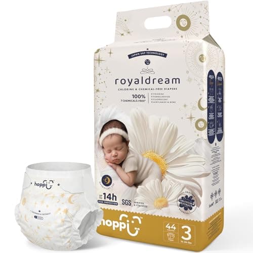 Hoppi Baby Diapers Size 3 (14-24 Lbs), Tape Style Disposable | Ultra Absorbent Overnight Leak Protection for Heavy Wetters | Hypoallergenic, Unscented, Chlorine-Free, Soft Fit, 44 Count