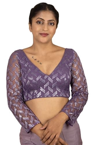 FIGURE'S DESIGNER Women's Net Sequin Embroidered V Neck Fancy Full Sleeves Designer Padded Readymade Saree Blouse Premium Lining Plus Size Top Lavender Wine Maroon Black Pink E10 (38, Purple)