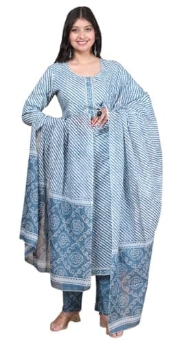 IMTRA FASHION Pure Cotton Kurta Pant Set for Women Indian Printed Suit With Dupatta (Blue-3X-Large)