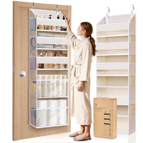 Ordovibe 5 Tiers Over the Door Organizer with 10 Mesh Side Pockets, 44 lbs Weight Capacity Closet Hanging Storage Organizer with Large Clear Window Kids Toys, Shoes, Diapers, Beige