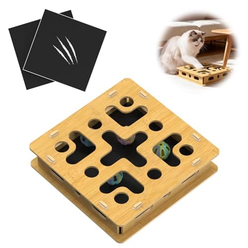 Cat Nail File Box with 3 Sandpaper Pads & 4 Bell Balls, EIODEAR Sturdy Wood Self-Grooming Scratcher for Treat-Motivated Cats, Interactive Cat Scratch Puzzle Enrichment Box with Silicone Security Rings