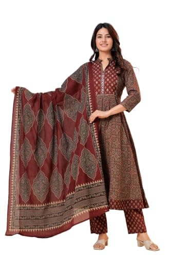 DHAKA Women's Pure Cotton Anarkali Kurti Pant Dupatta Set | Printed Ethnic Suit Set for Festive, Party & Evening Wear, (Maroon, XX-Large)
