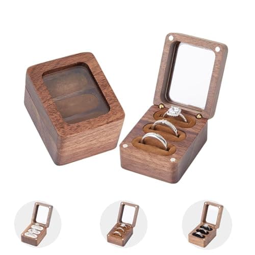 Dllesifvn Walnut Ring Box 3 Slot - Clear Acrylic Window Display, Magnetic Closure Keepsake Jewelry Holder for Wedding Proposal Engagement Ceremony Anniversary Birthday Gift