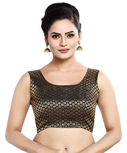Madhu Fashion Women Sleeveless Brocade Readymade Saree Blouse (34,Black)
