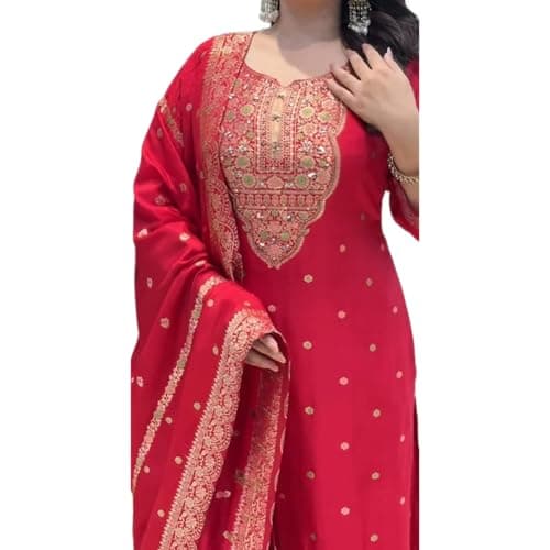 Womentus Women's Banarasi Silk Kurta Set, Embroidered Neckline, Floral Printed Dupatta, 3-Piece Salwar Suit (US, Alpha, XX-Large, Regular, Regular, Red)