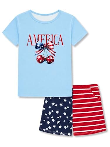 Beezizac Girls Pajamas Patriotic America Cherry Print July 4th Independence Day Short Sleeve PJ Set for Kids Size 12