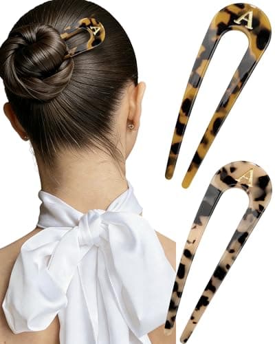 2 PCS Personalized Initial French Hair Pin for Women 5.1 Inch, Monogram Tortoise Shell Acetate U Shaped Hair Fork 2 Prong Chignon Pin Hair Accessories Birthday Gifts