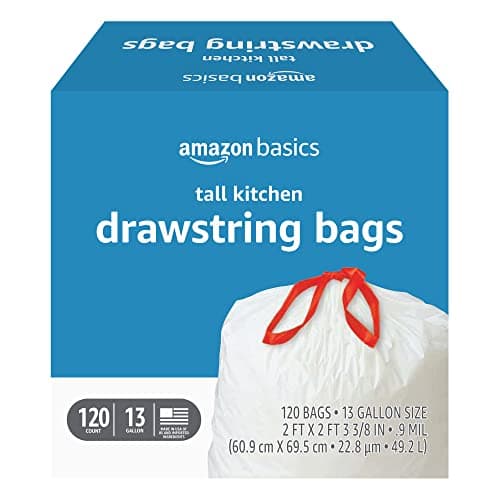 Amazon Basics Tall 13-Gallon Kitchen Drawstring Trash Bags 120-Count for $8 + free shipping w/ Prime