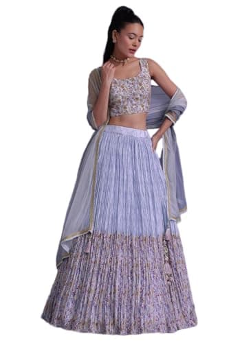 Indya Blue Floral Print Georgette Lehenga Set for Party & Cocktail | Sleeveless | U Neck | Indian Ethnic Wear