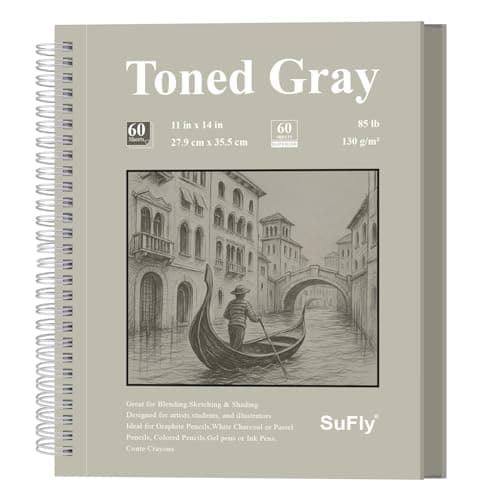 SuFly Gray Toned Sketch Pad, 11" x 14" - 60 Sheets Spiral Bound Sketchbook, 85lb/130gsm Toned Gray Paper for Graphite, Charcoal, Colored Pencils and Gel Pens.