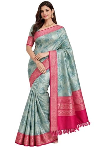 Shyam Leela Women’s Kanjivaram Silk Saree with Traditional Zari Weaving | Elegant Ethnic Wear for Wedding & Festive Occasion (Pista Green and Rani pink)