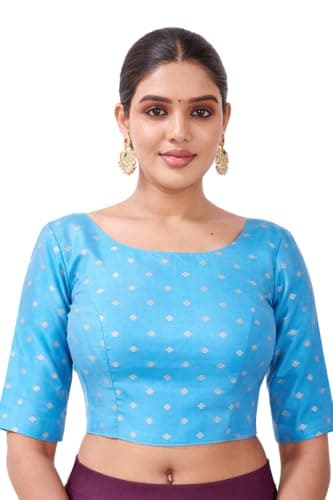 Indian Jacquard Silk Saree Blouse for Women Bollywood Choli Top | Ethnic Crop Top for Wedding, Party, Navratri, Festival Wear, Eid Sky Blue
